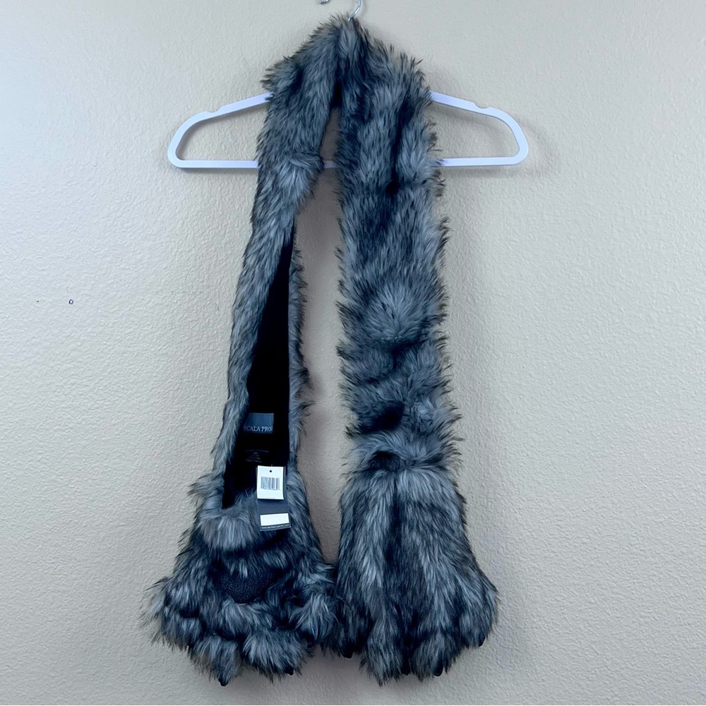 Faux Fur Scarf with Paw Pockets  in Gray